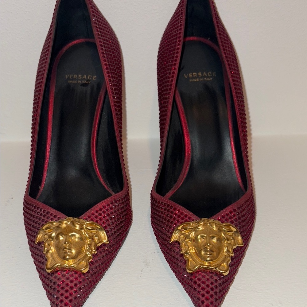 Versace Red and Gold Heels with Medusa Detail
